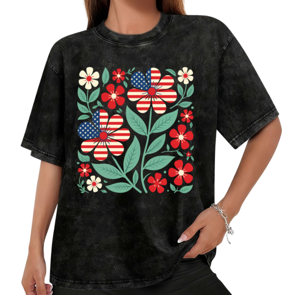 UNISHE Women's US Flag Flower Vintage Washed T-Shirt Short Sleeve Loose Fit Black S-2XL