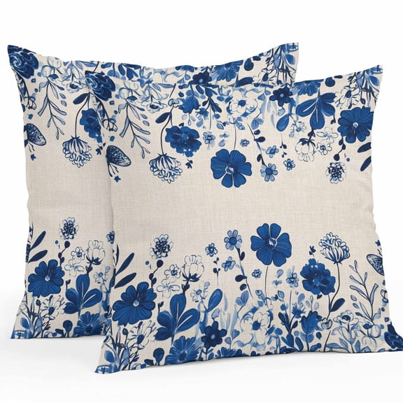 Waterproof Throw Pillow Covers Set of 2, 26x26 Inch Spring Blue Floral Decorative Pillowcases Outdoor Pillow Slip Cushion Covers Set for Couch Tent Pastoral Botanical Flower Leaf Beige