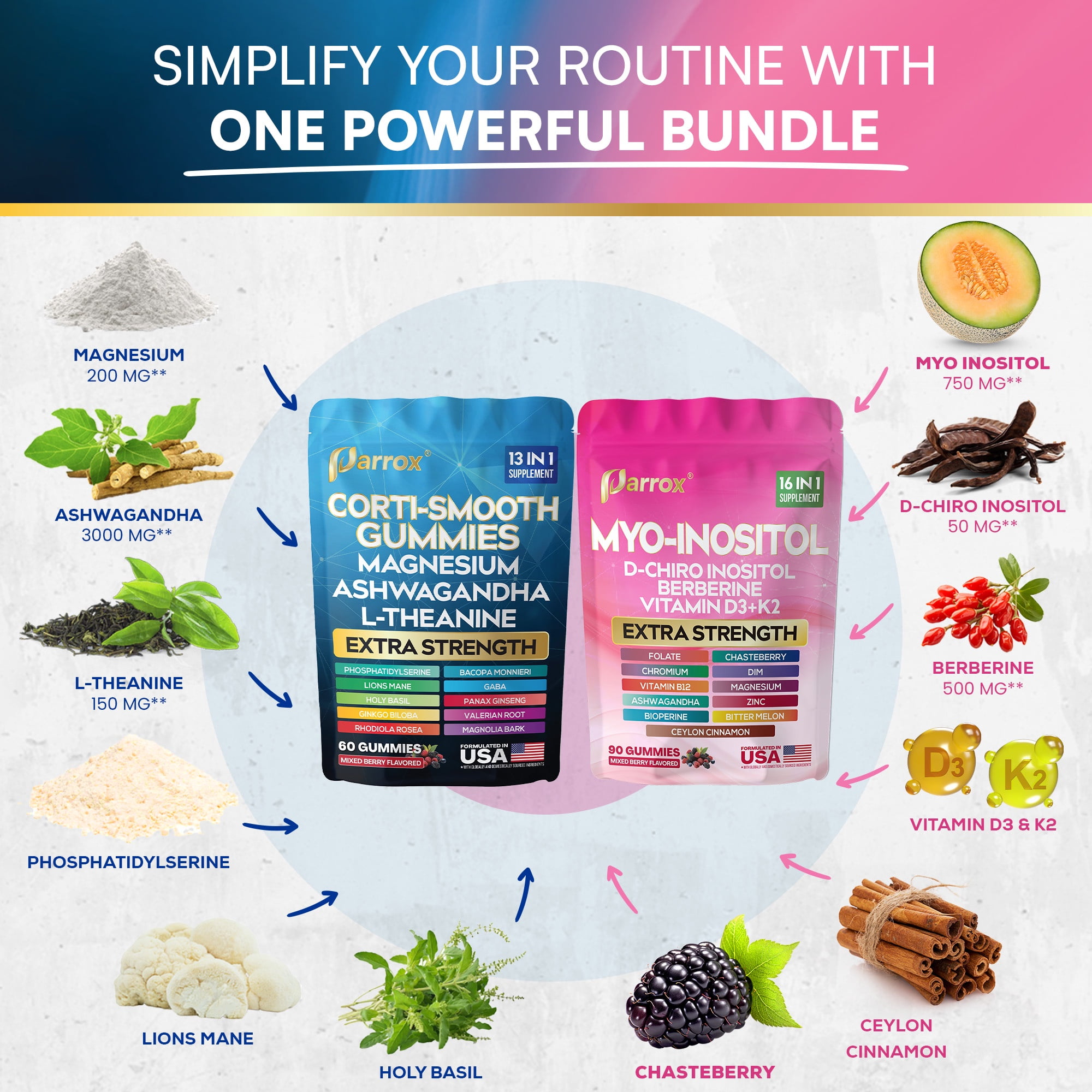 Soothe & Smooth Bundle Gummies - Cortisol & Myo-Inositol Supplement with D-Chiro Inositol, Berberine, Magenesium, Ashwagandha, L-Theanine, Vitamins D3+K2 & B12, Folate, Zinc Lion's Mane (150 Gummies)