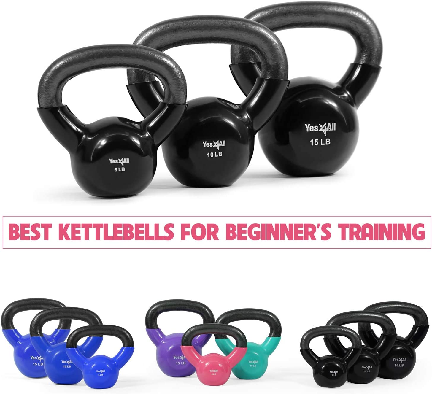 Yes4All 30 lb Vinyl Coated / PVC Kettlebell, Black, Combo / Set, Includes 5-15lb - image 3 of 8