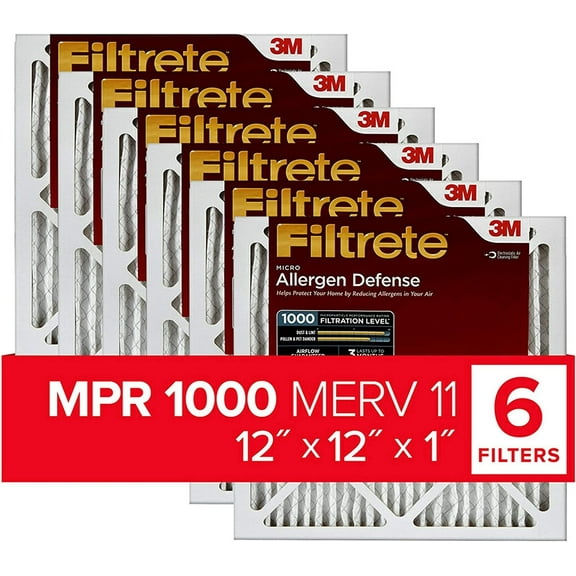 Filtrete Micro Allergen Defense HVAC Air Filter, Delivers Cleaner Air Throughout Your Home, Uncompromised Airflow, MPR 1000, 12 x 12 x 1, 6-Pack