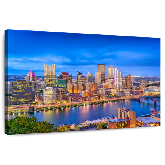 Elephant Stock Pittsburgh Blue Hour Wall Art - Horizontal Canvas Wall Art - Living Room Wall Decor - City Canvas - Blue And Orange Decor - 12" x 8"