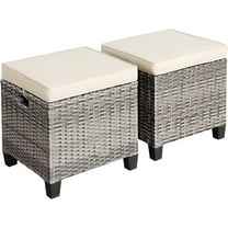 LEIYY 2 Pieces Patio Rattan Ottomans, Outdoor Wicker Footstool Footrest Seat with Soft Cushions and Steel Frame, All-Weather Patio Ottoman Set for Backyard Garden Poolside,Mix Grey   White