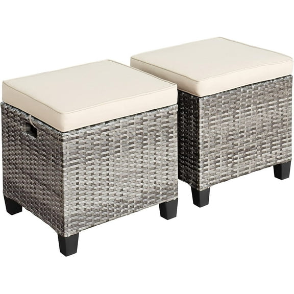 ZOPan 2 Pieces Patio Rattan Ottomans, Outdoor Wicker Footstool Footrest Seat with Soft Cushions and Steel Frame, All-Weather Patio Ottoman Set for Backyard Garden Poolside
