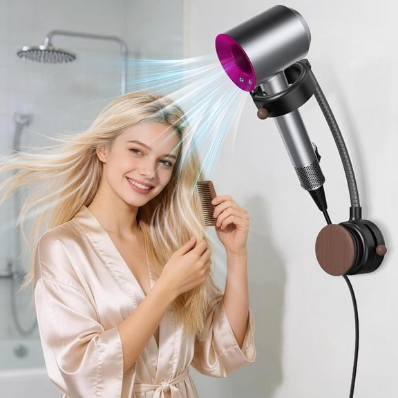 Lantu Hands Free Hair Dryer Holder Wall Mount, 360° Rotating Adjustable Height Suction Cup Blow Dryer Holder, No Drill Installation, Damage-Free Wall, with Cord Storage for Most Hair Dryers
