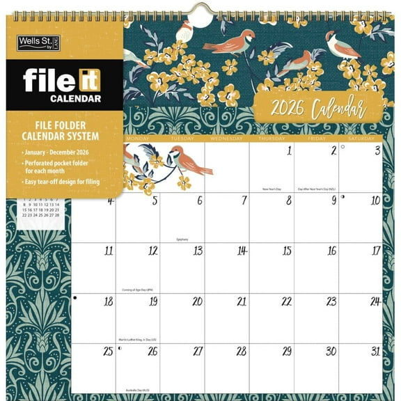 Wells Street by Lang, Flora and Fauna File It 2026 Wall Calendar, 12'' X 12.13'', 12-Month Calendar with Stapled Binding