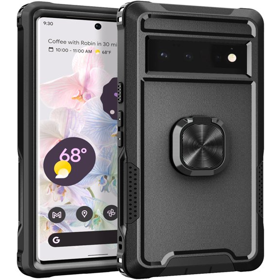 SaniMore for Google Pixel 6 Pro 6.7" Magnetic Case, Rugged PC & TPU Bumpers with Car Mount & Ring Kickstand Heavy Duty Full Body Protective Case for Google 6 Pro Women Men, Black