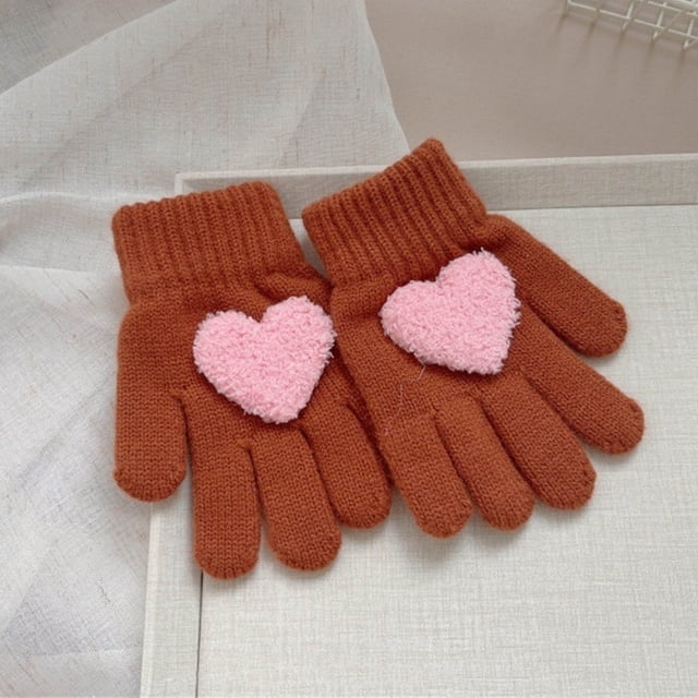 YUNAFFT Kids Solid Color Finger Gloves Heart Design Outdoor Warmth Playful Style