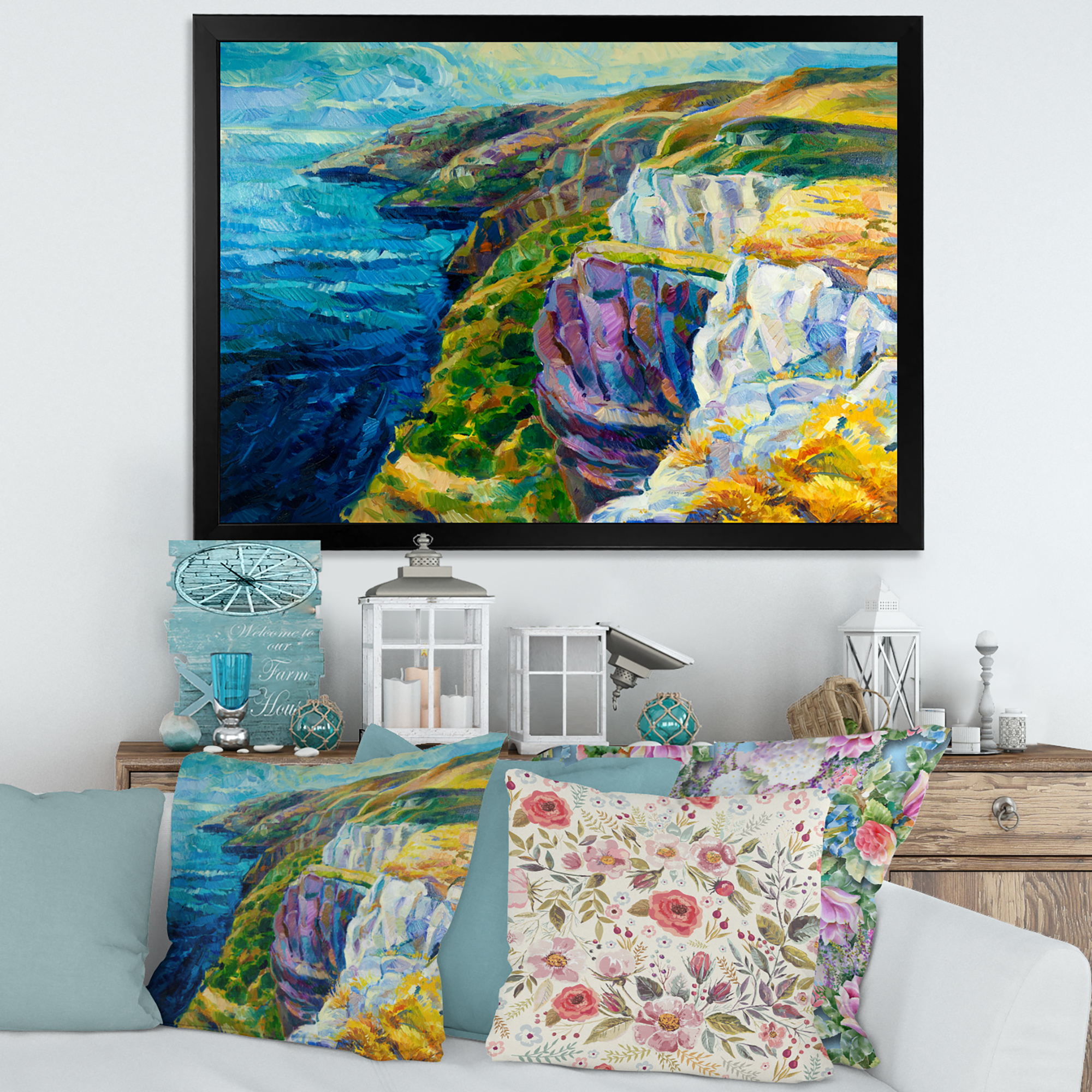 Designart 'The Blue Ocean By Rocky Cliffs II' Nautical & Coastal Framed Art Print