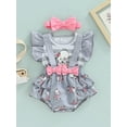 thumbnail image 2 of Infant Baby Girl 2Pcs Outfit Pleated Fly Sleeves Cartoon Print Ruffle Romper Bodysuit + Bow Headband, 2 of 9