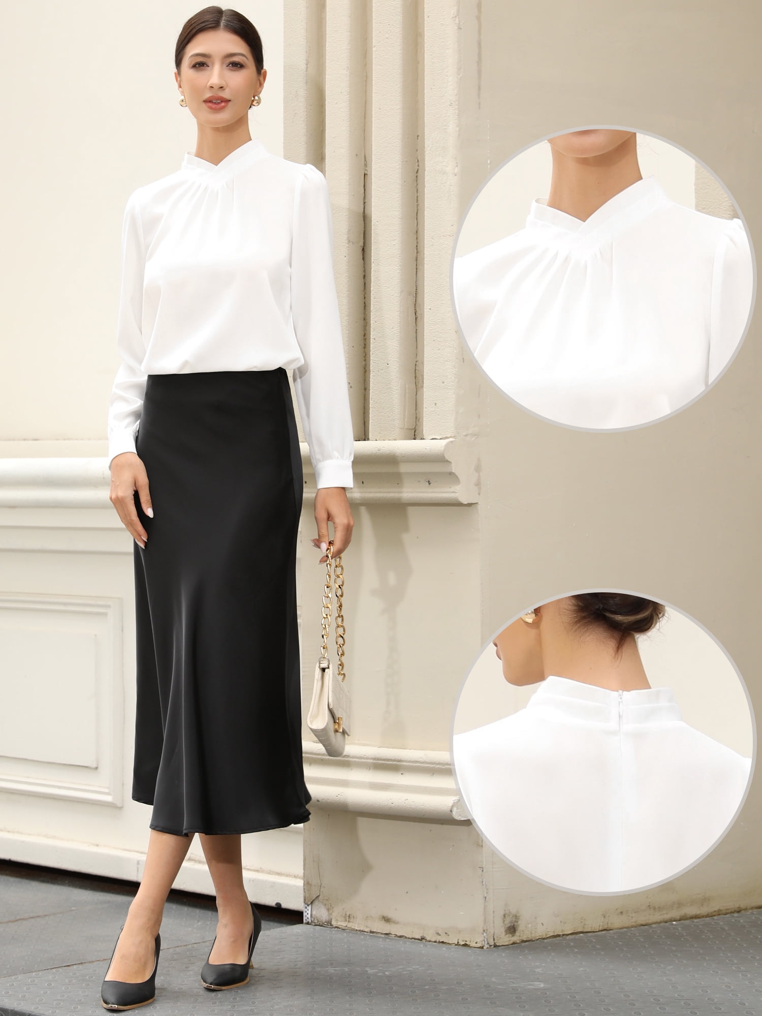 DARING DIVA Women's Work Business Pleat Mock Neck Puff Long Sleeve Blouse L White