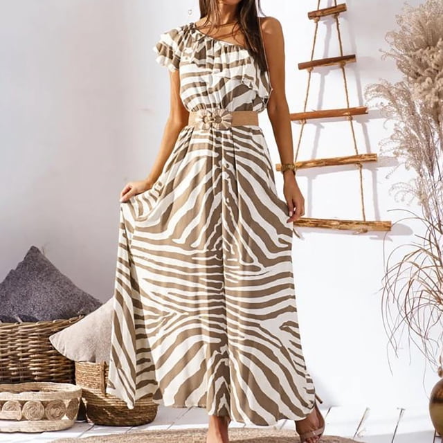 FcBaudy Robe Sans Manches à Col Rond, Robes d'Été pour Femmes, Robes pour Femmes Mode Robe Bohème d'Été pour Femmes Épaule Sans Manches Robe à Taille Élastique Robe Maxi de Plage Robe à Épaule Fluide Robe pour Femme