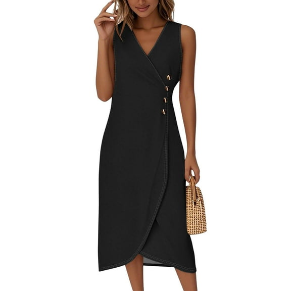 Women's Sleeveless V-Neck Wrap Midi Dress with Button Detail, Elegant Summer Casual Party Sundress for Ladies,Black L