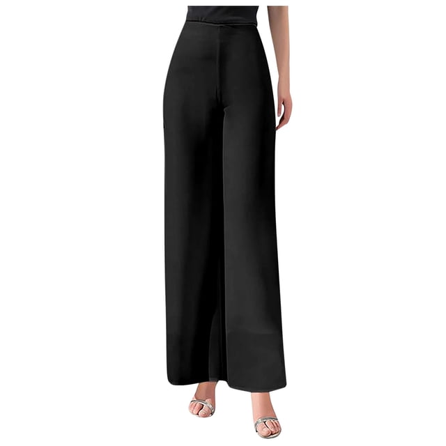 Pantalones acampanados de gasa de cintura alta para mujer: parte trasera elástica, cremallera lateral, tejido fluido, para bodas y cócteles