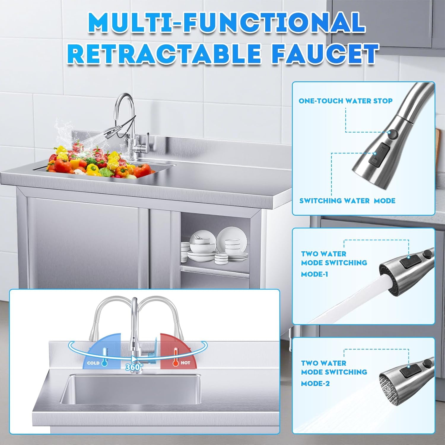 Esheno Outdoor Stainless Steel Kitchen Sink 22.2"D x 43.3"W x 31.5"H Freestanding Workbench Storage Pull-out Faucet For Garage