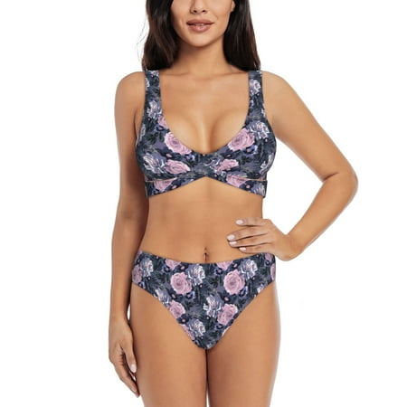 Bathing Suit For Women  Light Pink Flowers High Waisted Bikini Set Bathing Suit Cross Lace Up Swimsuit