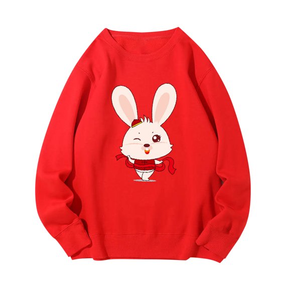 IROINNID Women's Long Sleeve Pullover Sweatshirt Round Neck Mid-Length Graphic Prints Casual Cute New Year Rabbit Top, Red
