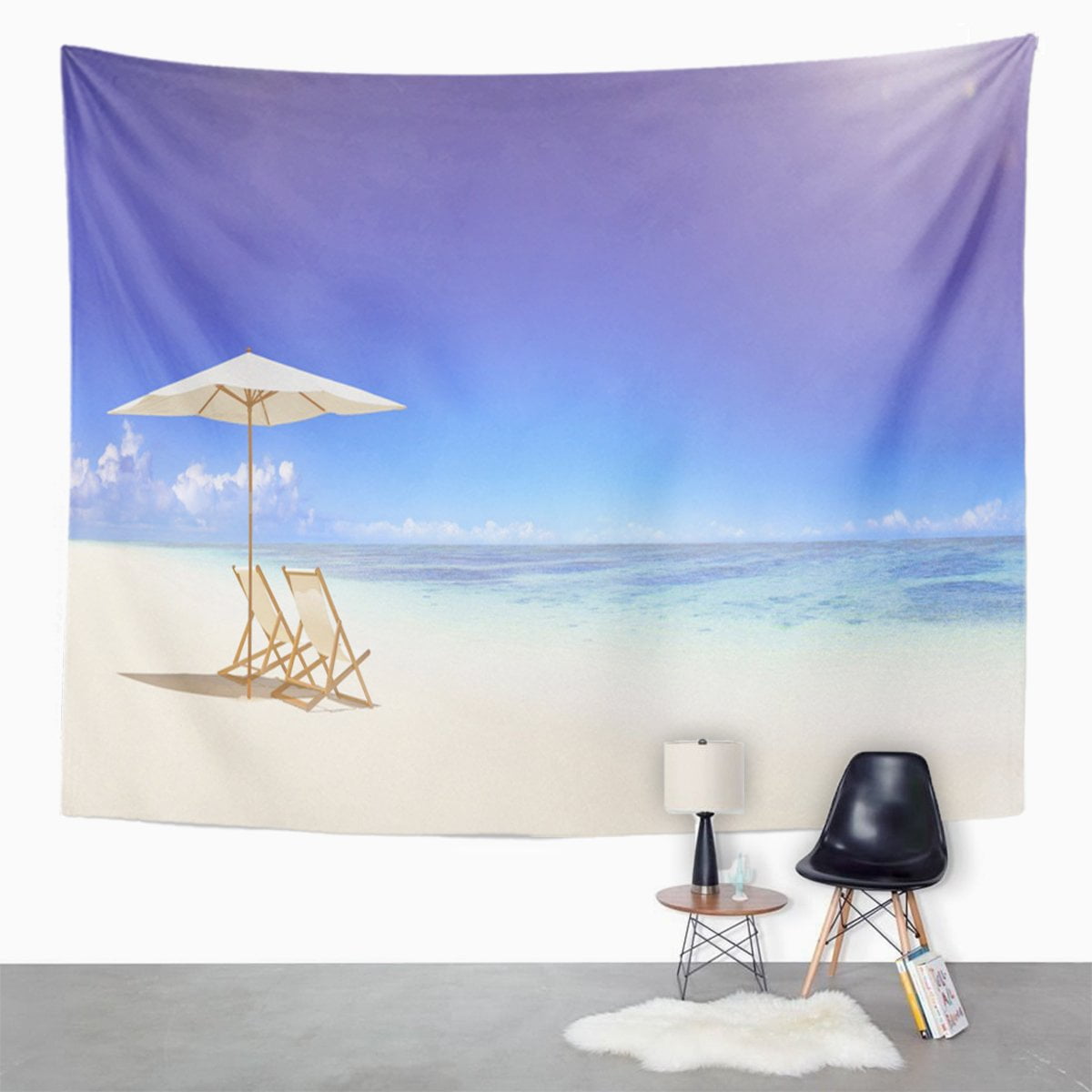 ZEALGNED Blue Umbrella Deck Chair Tropical Beach Scene Peaceful White Wall  Art Hanging Tapestry Home Decor for Living Room Bedroom Dorm 60x80 inch