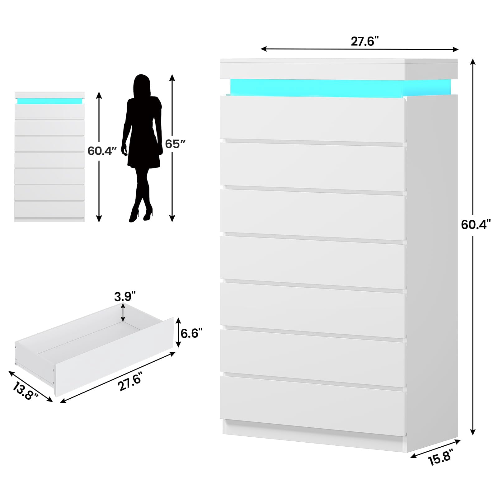 White 7 Drawer dresser with LED lights,chest of 7 drawers,modern large capacity storage cabinet with deep drawers, dresser for bedroom, living room
