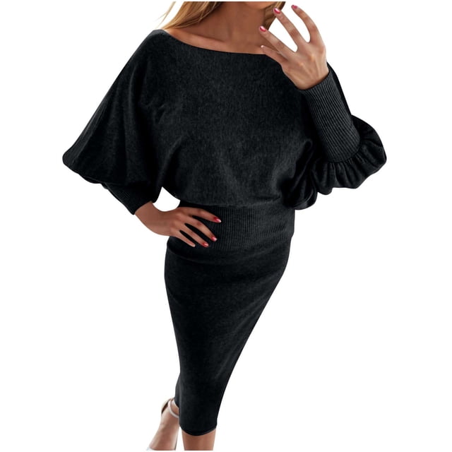 cfhntfmh Robes de Mode pour Femmes Robe Chandail à Manches Longues Bouffantes Col Rond Doux Automne Confortable Robe Midi Moulante