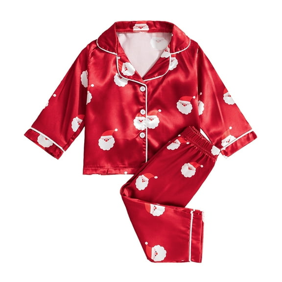 6M-5T Toddler Baby Girls Boys Satin Silk Long Sleeve Christmas Pajamas Set Kids Xmas Santa Claus Printed Button Down 2PCS Pjs Sleepwear