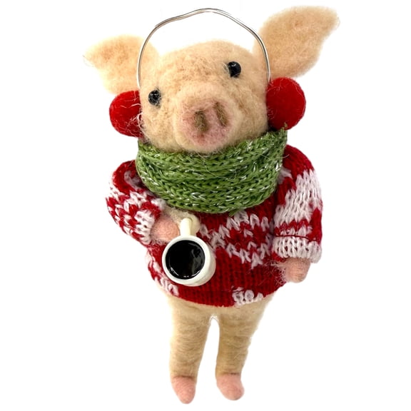 Pig Ornament with Coffee and Sweater Felted Wool Holiday Christmas Tree Decoration