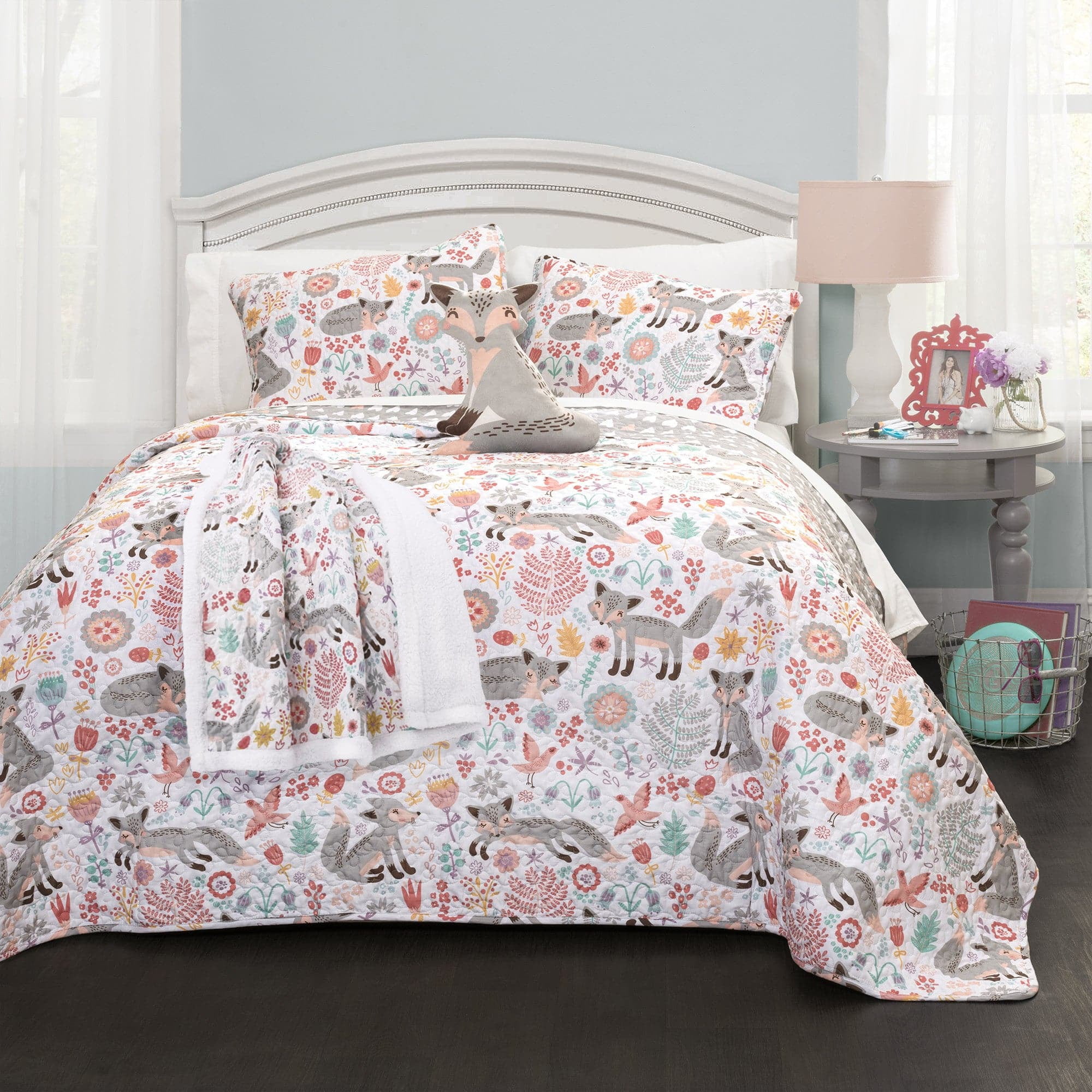 Lush Decor Pixie Fox Kids Animal Print Reversible Quilt, Full/Queen, Navy, 4-Pc Set