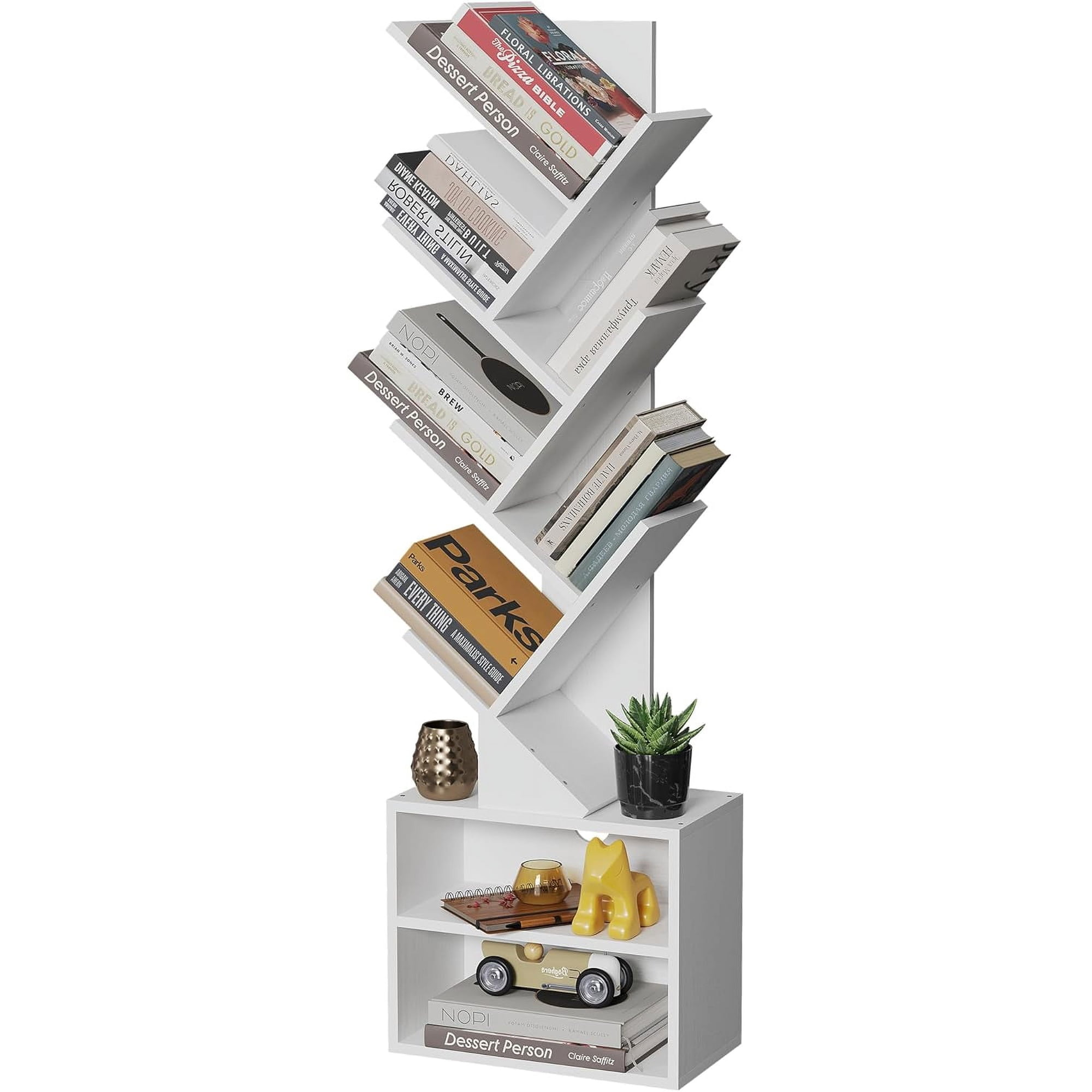PETGLE 6 Tier Tree Bookshelf Tall Small Bookcase with Storage Cabinet | Modern Narrow Bookshelves Organizer Floor Standing Book Case Shelf for Bedroom Living Room Home Office Corner White