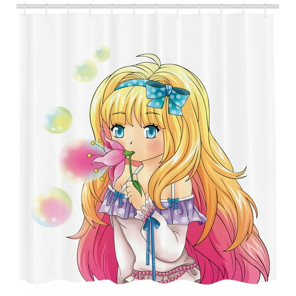 Anime Shower Curtain, Cute Manga Girl Blowing Bubbles from a Flower