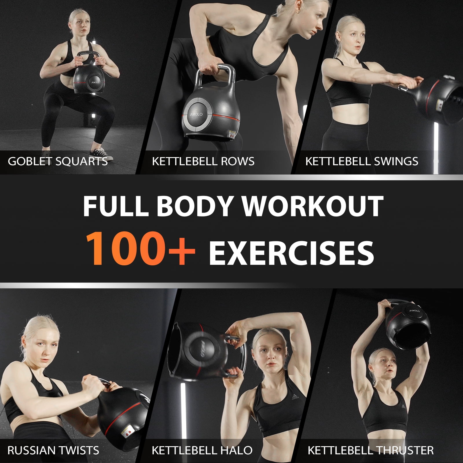 Mikolo Adjustable Kettlebell Weight Set-Quickly Adjusts 7 Weights,Ergonomic kettlebell sets for Home Gym 5-44 LBS