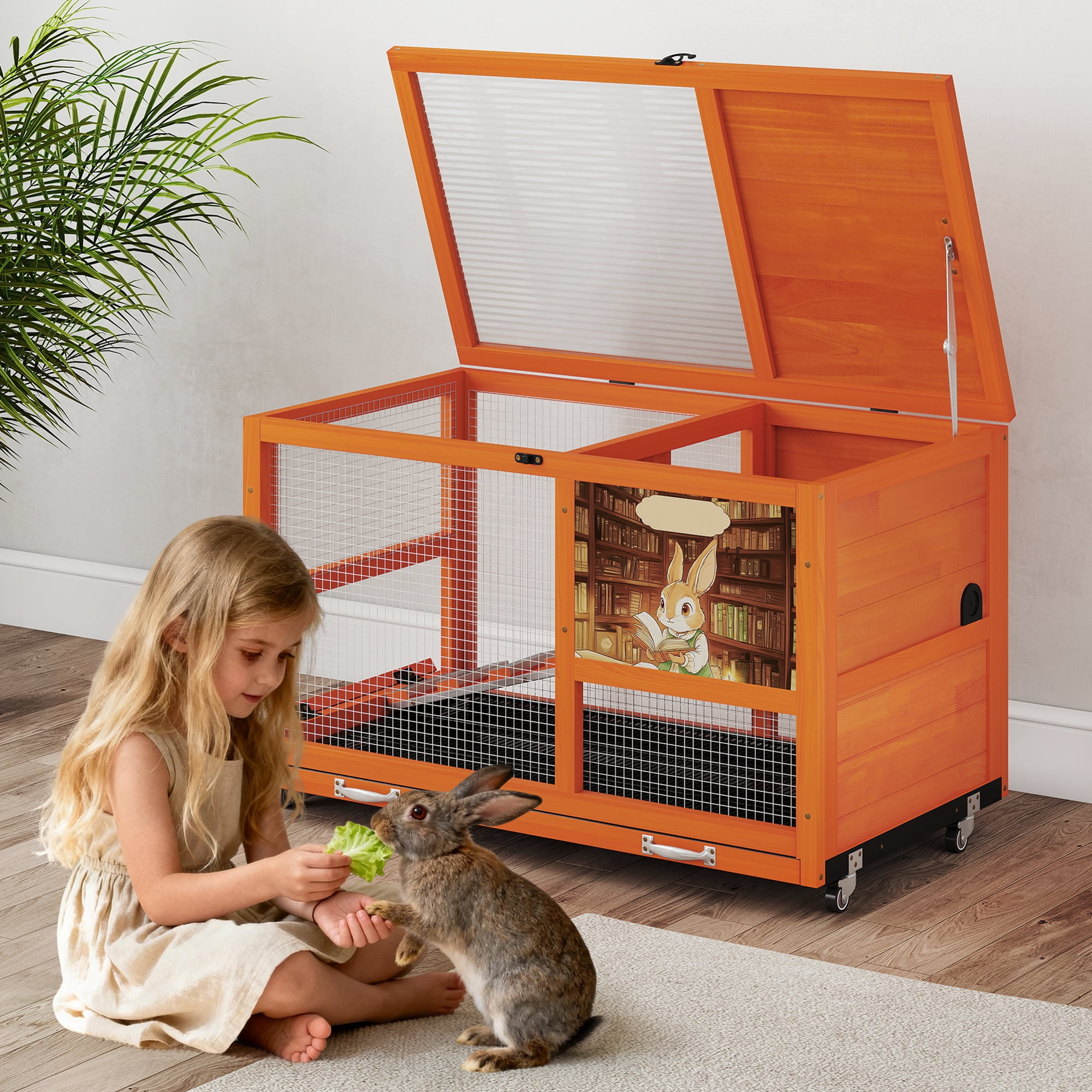 Fashion Wooden 36Inches Rabbit Hutch Outdoor with wheels Bunny Cage Indoor&Pull Out Tray, Openable Roof