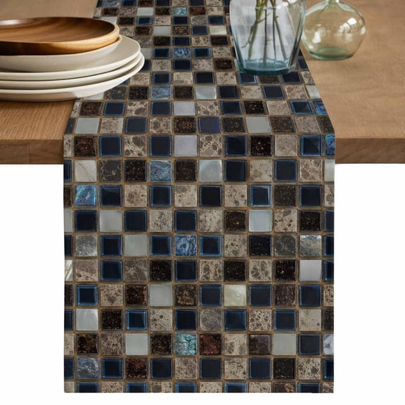 Mosaic Grid Table Runner, Brown Black Checkered Abstract Plaid Modern Art Washable Cotton Linen Table Runners 48 Inches Long, Dresser Scarf Runner for Nightstand/Coffee/End Tables 13''x48''