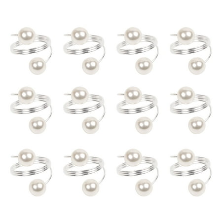 

12pcs White Pearl Napkin Rings Silver Napkin Holders Serviette Buckles for Wedding Banquet Dinner Party
