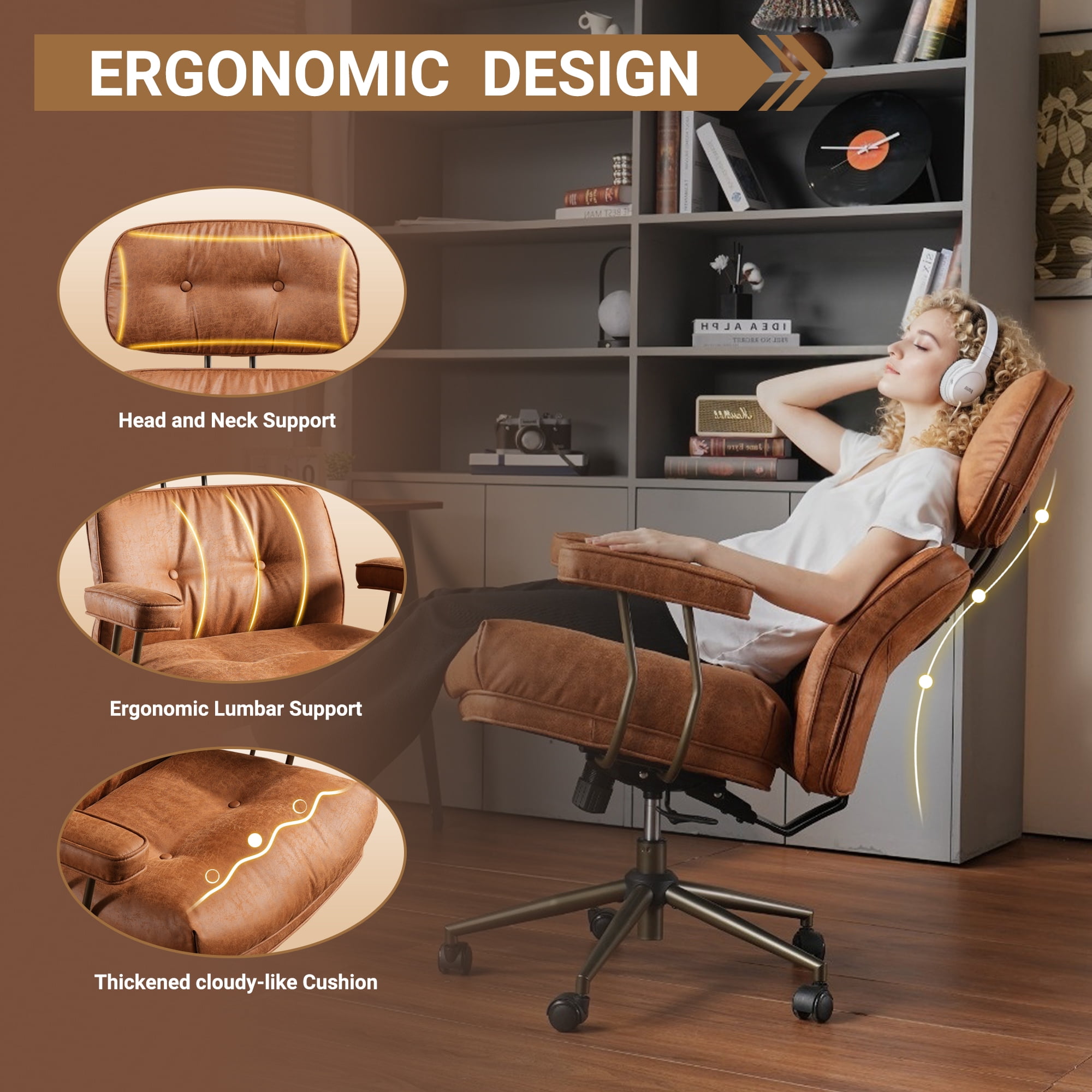 Ovios Suede Leather Office Chair High Back Ergonomic Desk Chair with Lumbar Support Mid-Century Executive Computer Chair with Wheels for Home Office, Brown