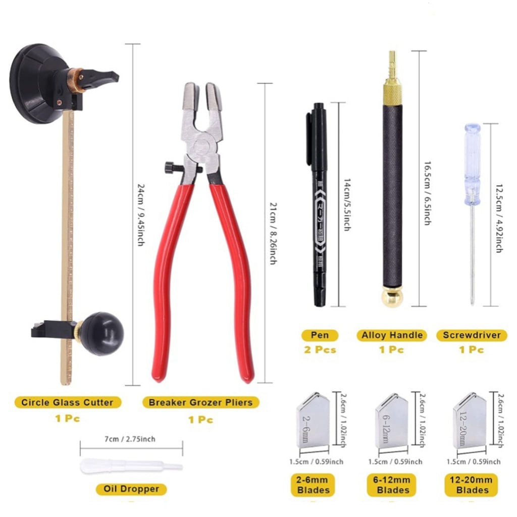 Adjustable Round Glass Cutter with Round Knob Handle and Suction Cup with Glass Pliers Glass Cutter for Cutting Glass