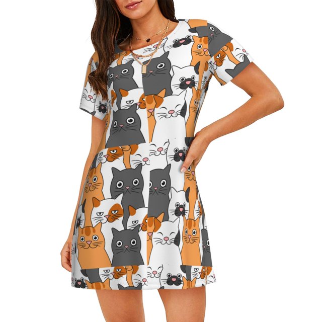 Vsdgher Motif Chats Amusants Chemise de Nuit à Manches Courtes Col Rond Mignonne Robe de Nuit Confortable