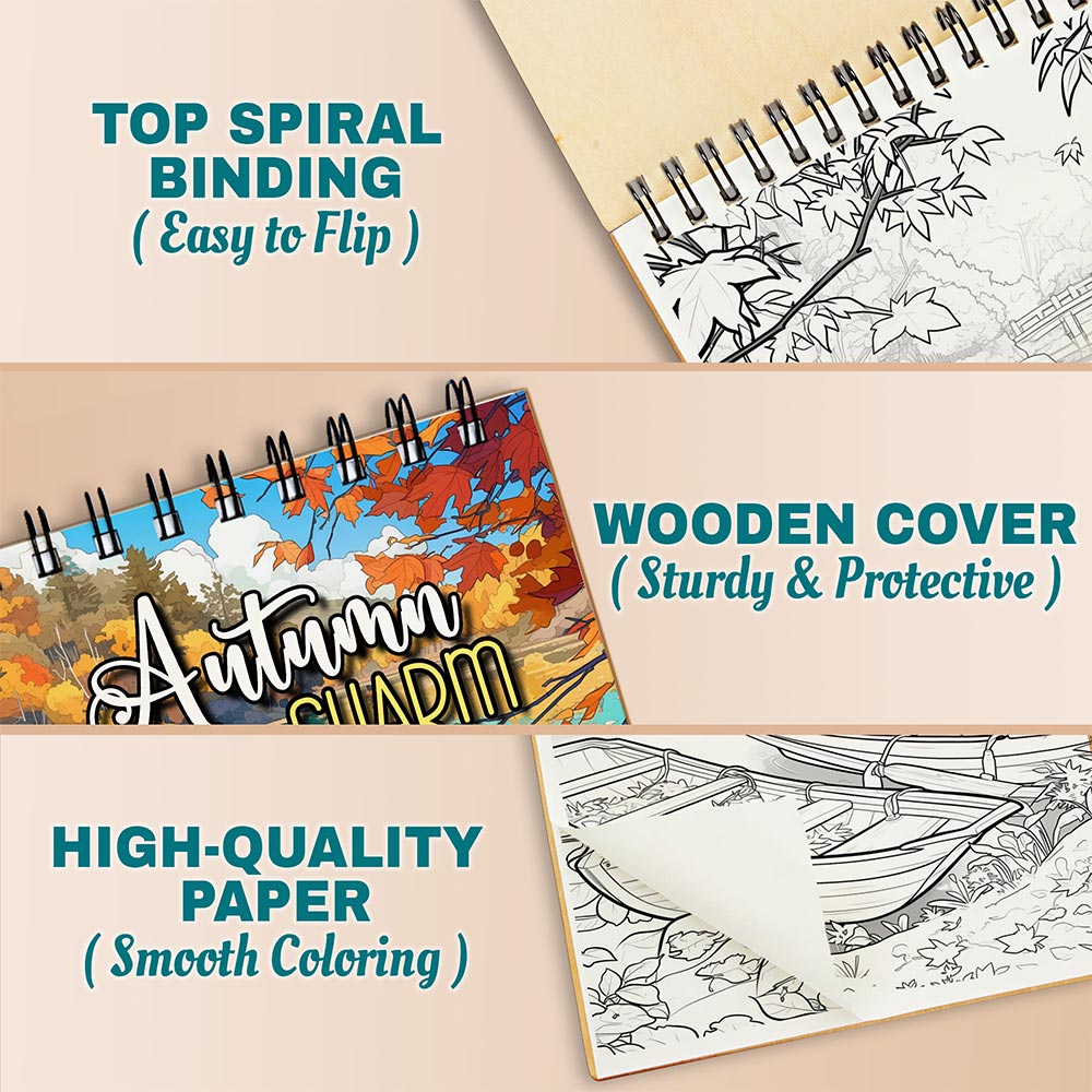 Netecom Autumn Charm Coloring Book Spiral Bound for Adults, A5 Wooden Cover, 30 Charming Coloring Pages of Fall Scenes for Stress Relief and Relaxation