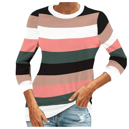 

Womens Casual Long Sleeve Round Neck Tops Strip Print Color Shirt Loose Tops