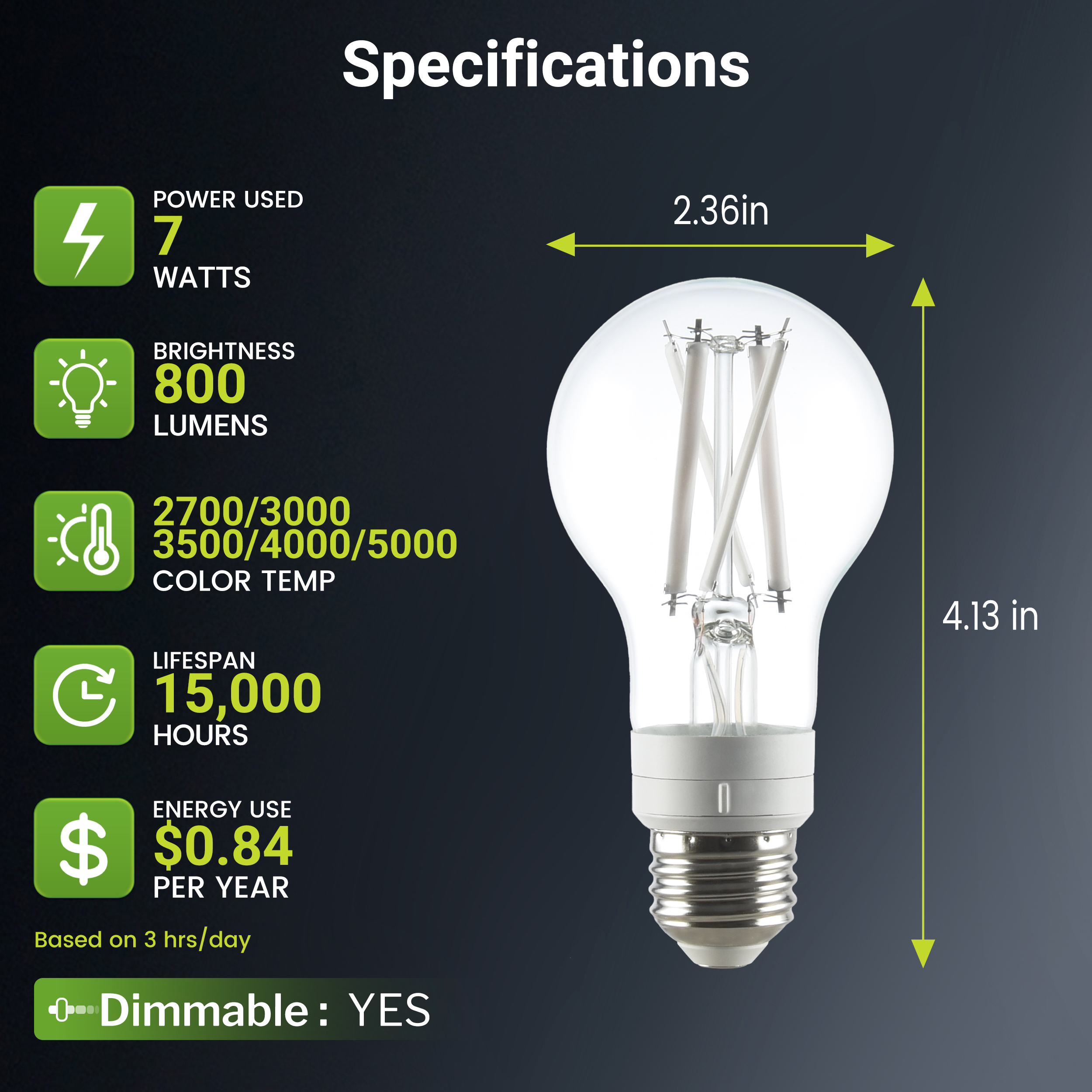 Green Watt 5-CCT White Filament A19 LED Bulbs, 7-Watt (60W Equivalent) E26 Medium Base, Dimmable (4-Pack)