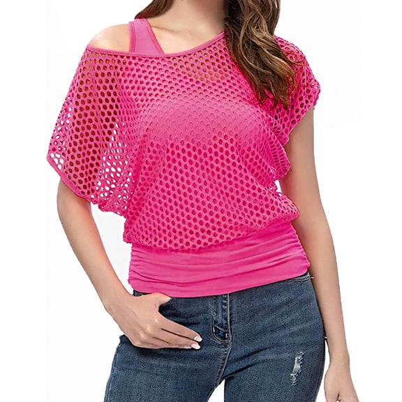 80s Costumes Women Casual Costumes Fishnet Neon T-Shirt 2PCS