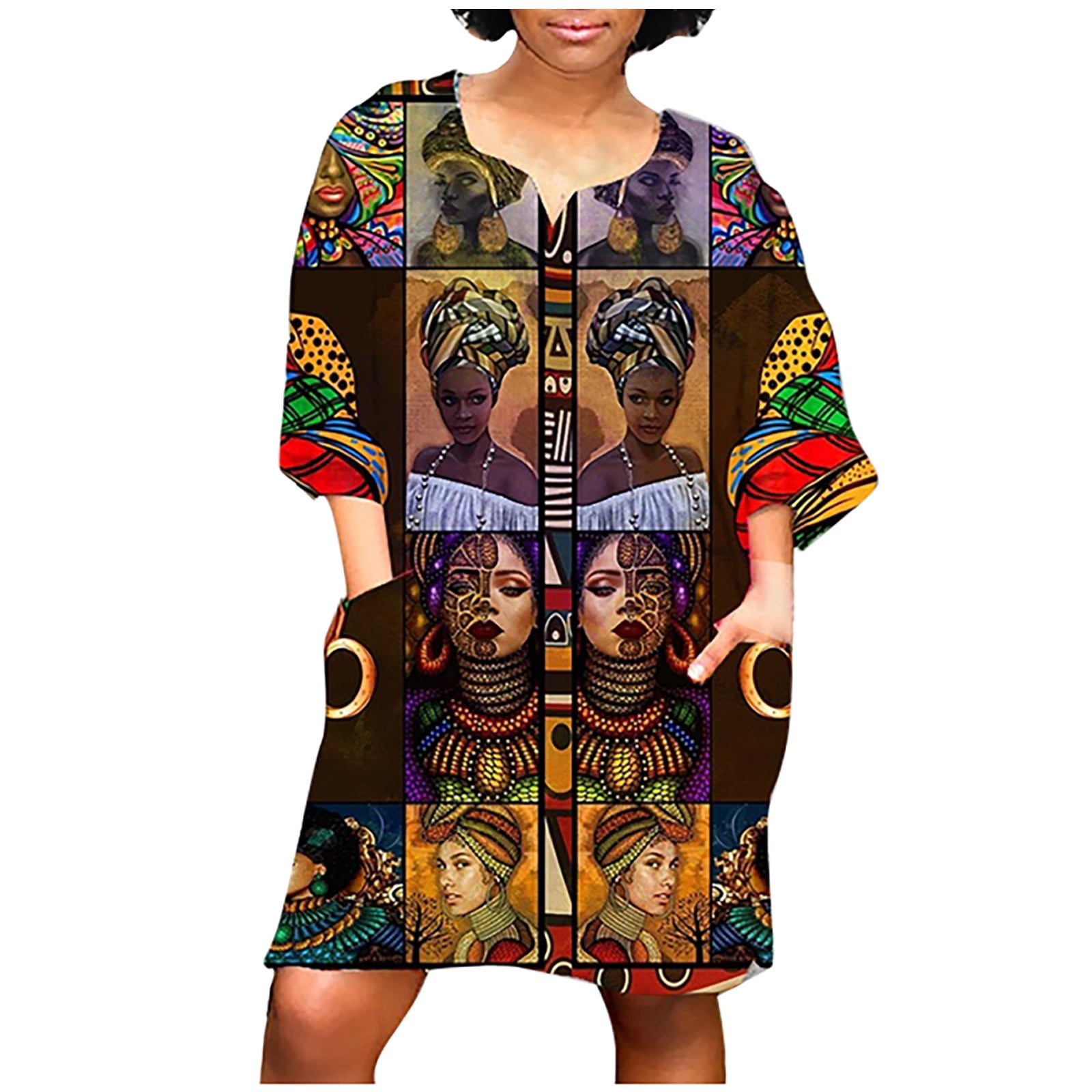 Women's African Vintage Print Dress with Pockets Half Sleeve V Neck Knee Length Gowns Casual Mini Dress Plus Size S-5XL 