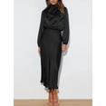 thumbnail image 6 of Women's Elegant Long Sleeve Satin Dress Mock Neck Elastic Waist Cocktail Party Wedding Guest Midi Dresses, 6 of 12