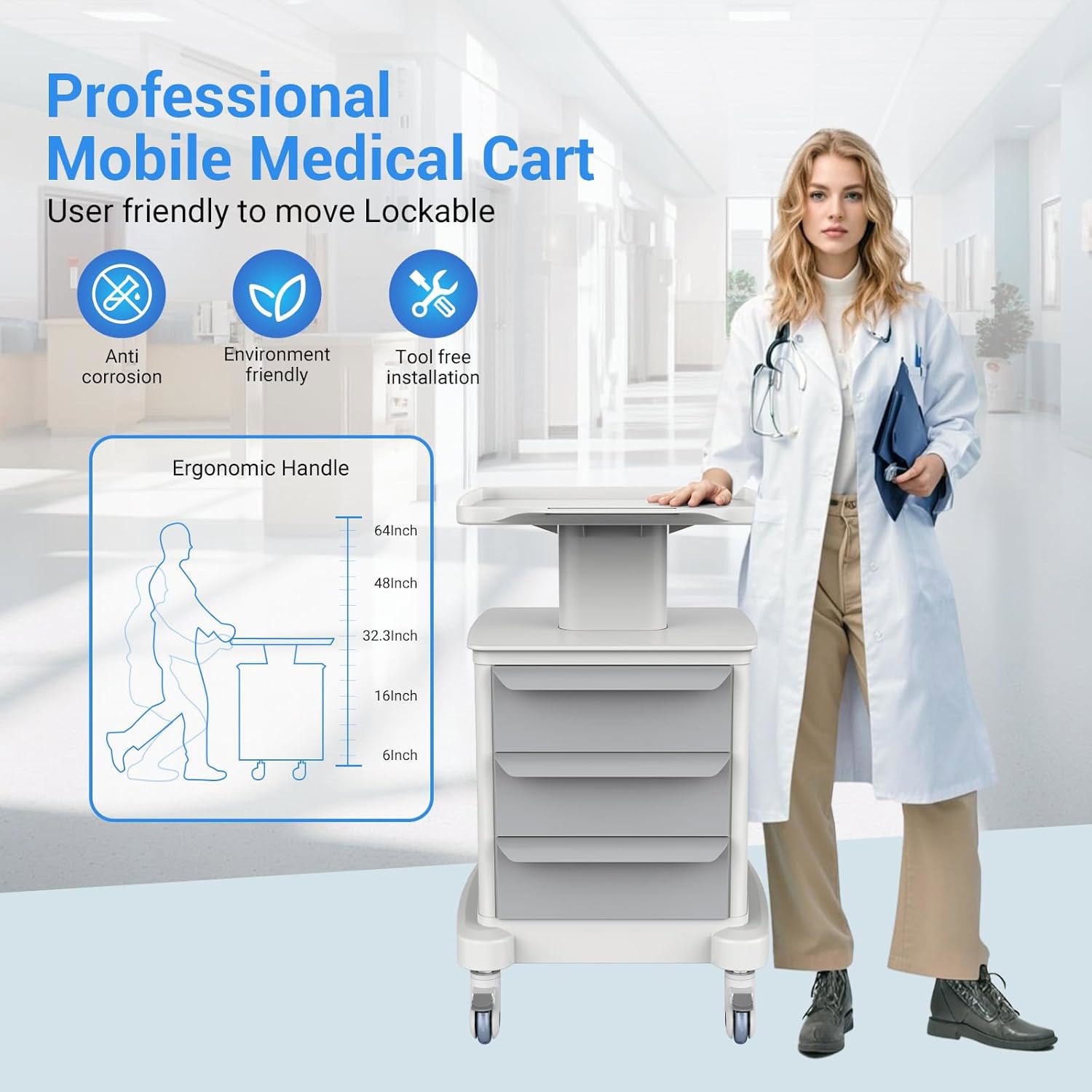Joreek Mobile Ultrasound Cart with Wheels Medical Cart with 3 Drawers Ultrasound Imaging Scanner Vehicle Rolling Utility for Hospital Office Salon