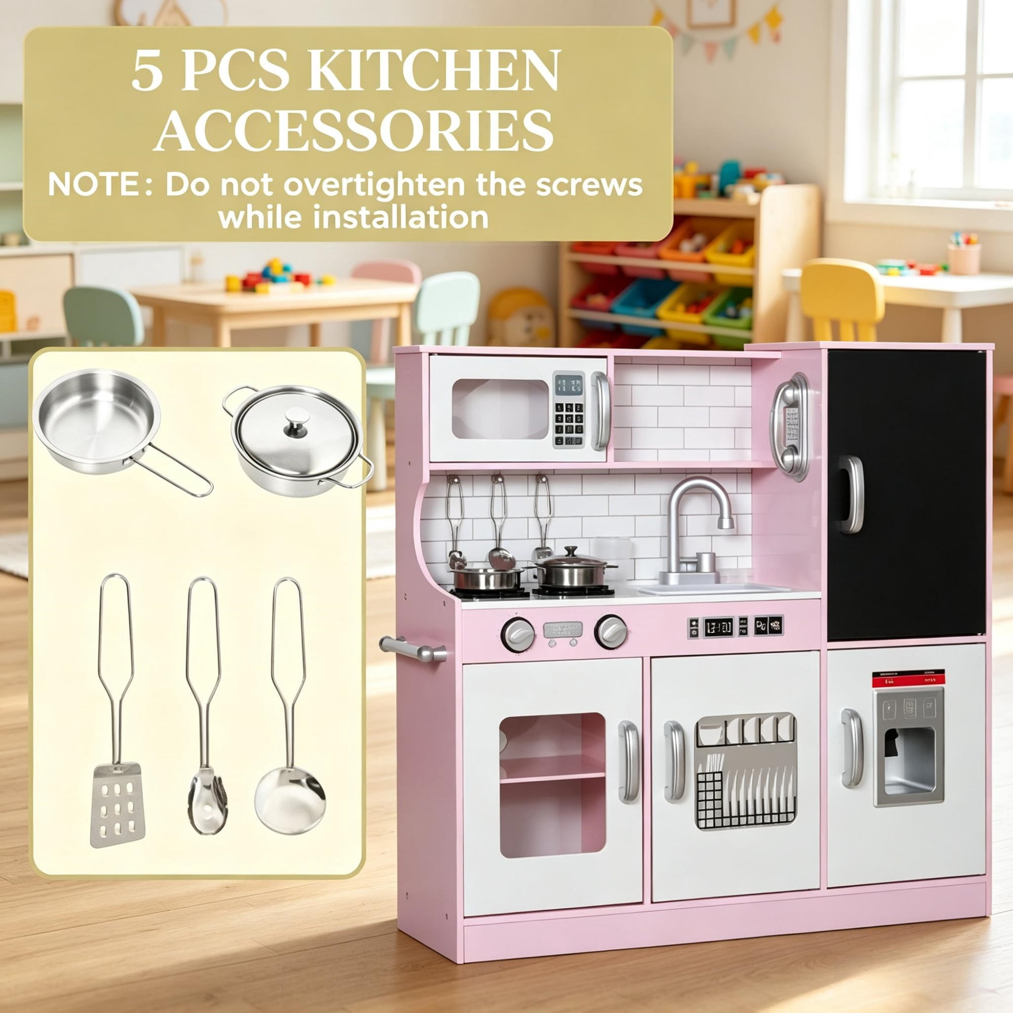 Pretend Play, Kids Kitchen Playset with Play Phone, Chalkboard, Towel Rack & Ice Maker, Pink
