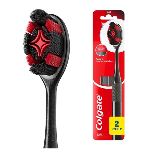 cepillo dental colgate luminous white charcoal con estrella pulidora 2 pzas Cepillo con cabeza ovalada, cerdas negras y rojas de alta densidad y alturas múltiples alrededor de la estrella pulidora roja central; mango negro metalizado con agarre texturizado; empaque rojo vertical con logo Colgate y leyenda 2 cepillos; tamaño compacto, a menudo usado para llevar en estuche de viaje.