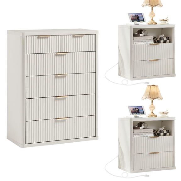 LEYAOYAO Fluted Dresser Set of 3, 2 4 Drawer Dresser and 2 Two-Drawer Nightstands with Open Storage Shelves, Bedroom Furniture with Charging, White