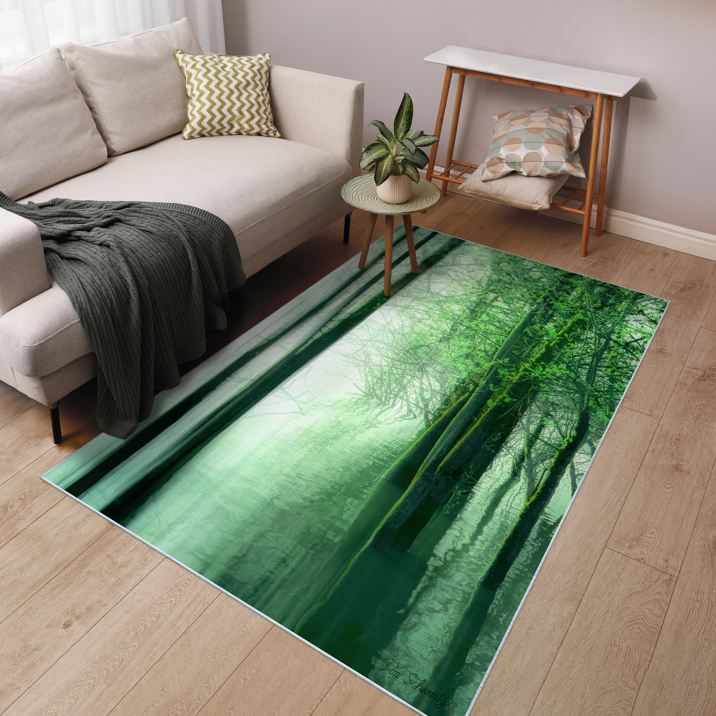 Forest in The Lake Washable Green Art Area Rug size 5'x8', Power-loomed, Heavenly Softness with Non-Slipping Backing