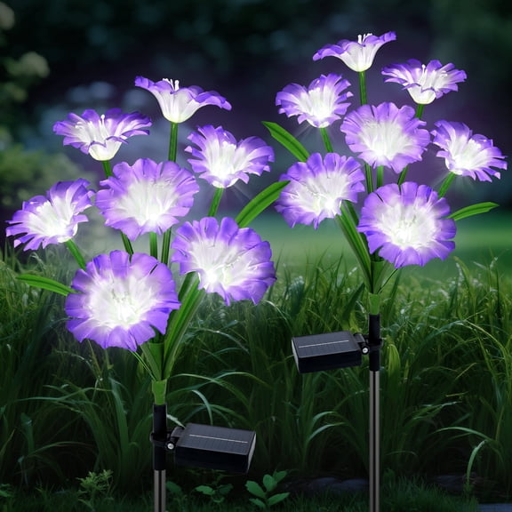 Ninonly 2 Pack Morning Glory Solar Garden Lights, Solar Powered Decor for Yard Pathway Patio Lawn,Purple