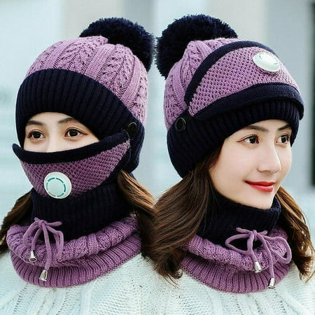 Women Beanie Scarf Mask Set, Winter Warm Plush Lined Pom Pom Knit Hat with Mask and Neck Warmer