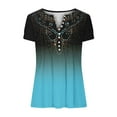 thumbnail image 3 of DDAPJ pyju Summer Tops for Women 2025 Trendy Print Tunic Shirts Petal Short Sleeve Button V Neck Tshirt Loose Casual Pleated Blouse Today's Sales Blue XXL, 3 of 5